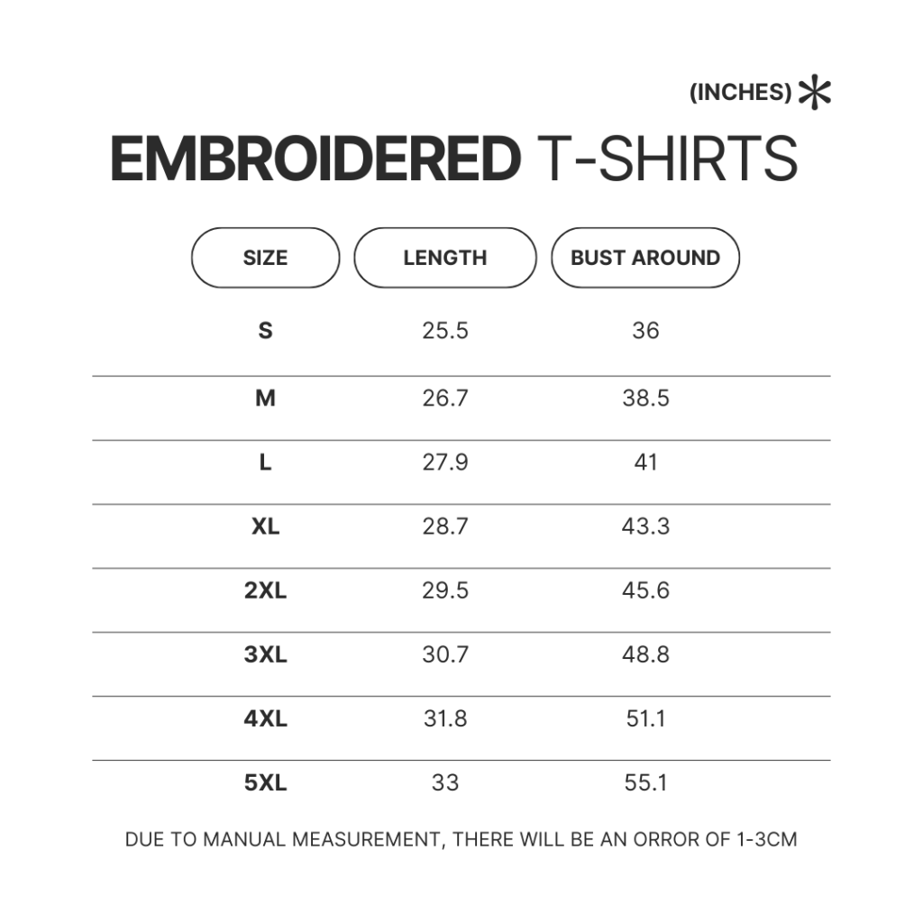 Embroidered T shirt Size Chart - Badminton Gifts